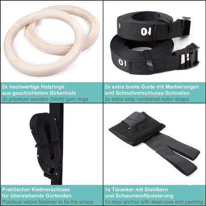 Wooden Gymnastic Rings - Includes Numbered Buckle Straps, Door Anchor and Sports Bag