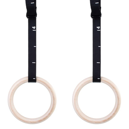 Wooden Gymnastic Rings - Includes Numbered Buckle Straps, Door Anchor and Sports Bag