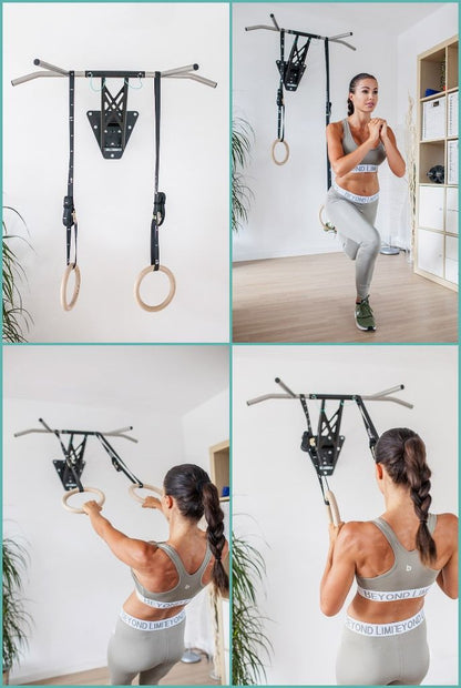 Wooden Gymnastic Rings - Includes Numbered Buckle Straps, Door Anchor and Sports Bag